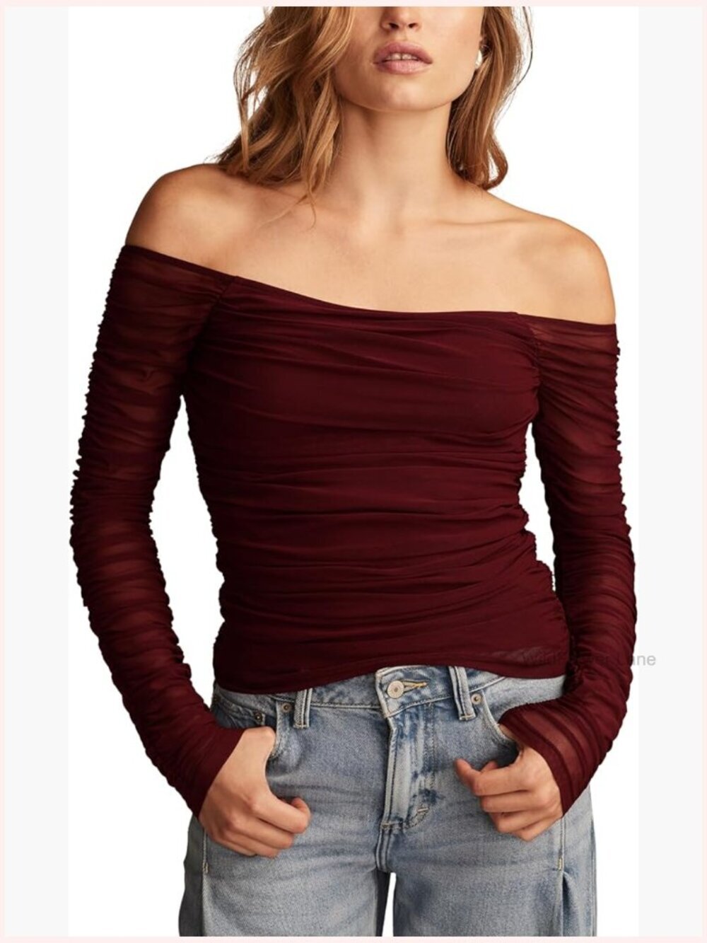 Ruched Squareneck Long Sleeve Blouse - Classic Fit